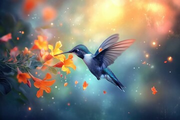 A vibrant hummingbird hovers near bright orange flowers, bathed in soft, magical light.