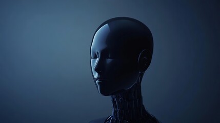Serene female robot head digital art dark blue background 3d calm shiny model image light style
