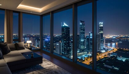 Fototapeta premium Night view of the city from the wide window of a luxury hotel penthouse