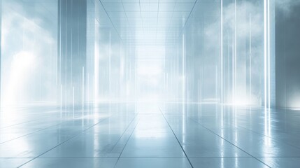 Empty, polished, futuristic corridor bathed in ethereal light.