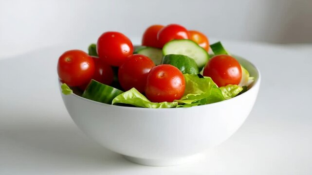 Simple healthy salad of crisp lettuce, juicy cherry tomatoes, and sliced cucumbers served in a minimalist white bowl. Concept of clean eating and fresh vegetarian nutrition