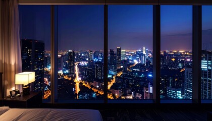 Night view of the city from the wide window of a luxury hotel penthouse