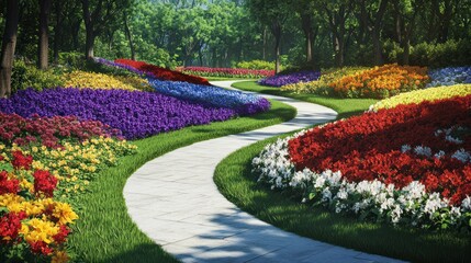 Obraz premium Winding pathway through vibrant flower beds. Lush greenery and colorful blooms surround a curving walkway, creating a picturesque garden scene