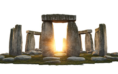 Stone circle model resembling Stonehenge with a light beam, evoking ancient mysteries and celestial energy isolated on white background PNG
