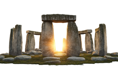 Stone circle model resembling Stonehenge with a light beam, evoking ancient mysteries and celestial energy isolated on white background PNG