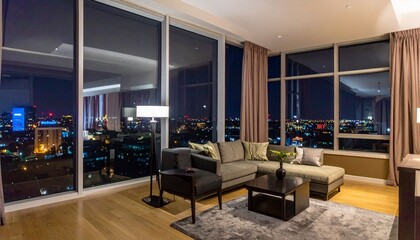Night view of the city from the wide window of a luxury hotel penthouse