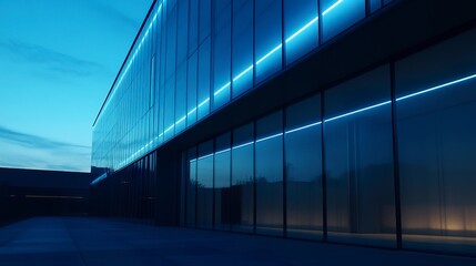 Obraz premium Office building with glass windows lit by inner blue artificial lights, creating a calm and stylish urban architectural aesthetic. 
