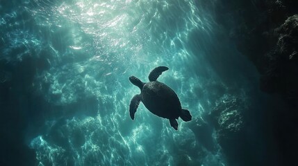 Obraz premium Underwater view of a sea turtle in the ocean depths.