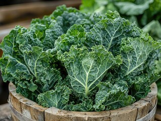 Naklejka premium Fresh Organic Kale in Wooden Barrel