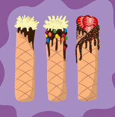 Marquesitas, dessert from Yucatan, Mexico, rolled crepe, street food, vector illustration