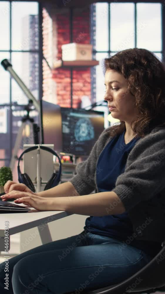 Fototapete Vertical Video Worker uses AI chatbot system to guide through problem solving tasks, futuristic technology highlights smart algorithms and machine learning. Communication and IT support. Camera A.