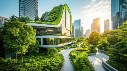 Fototapeta premium Lush urban architecture with sustainable landscaping.