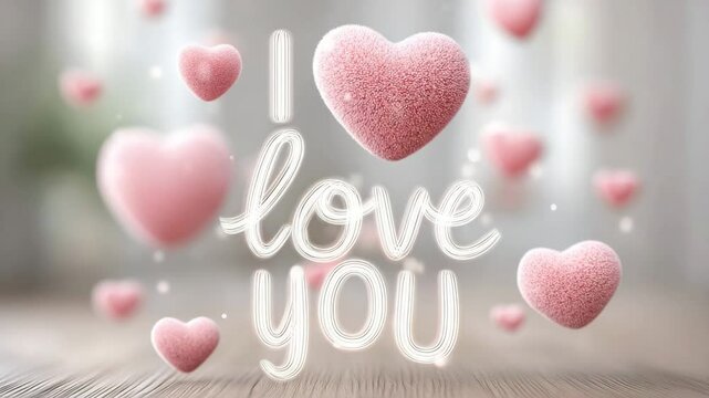 Fluffy pink hearts surround glowing white script reading &ldquo;I love you&rdquo; in dreamy soft-focus scene with warm light and tender mood. Concept of romance and affectionate expression