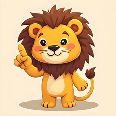 A cute clipart yellow orange-coloured lion holds one finger in the air as though making a point, suitable for business slide decks, presentations, help articles