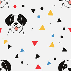 Abstract white background with dog colorful Memphis style seamless pattern. Creative minimalist style art background for children or trendy design with basic shapes. Simple childish scribble backdrop
