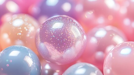 Close-up view of iridescent pastel balloons in a cluster.