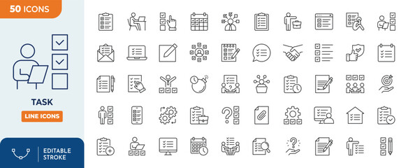 Fototapeta na wymiar Task line editable icon set. Containing checklist, poll, multitasking, decision, voting, checkbox, checkmark and more. Editable stroke. Vector illustration