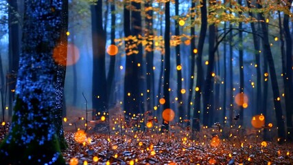 Enchanted forest scene with glowing orbs illuminating autumn foliage at dusk - Powered by Adobe