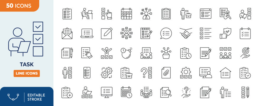 Task icon set. Containing checklist, poll, multitasking, decision, voting, checkbox, checkmark and more. Outline Icon Collection. Editable stroke. Vector illustration