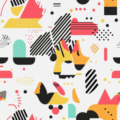 Abstract white background with dog colorful Memphis style seamless pattern. Creative minimalist style art background for children or trendy design with basic shapes. Simple childish scribble backdrop