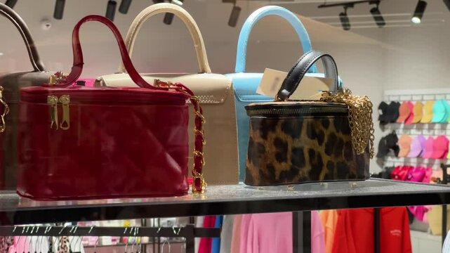 Colorful Women's Handbags on Glass Shelf in Fashion Store Display - Luxury Purses with Gold Chain Straps in Retail Shop