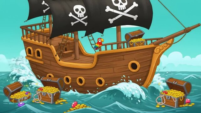 Jolly Roger's Bounty: A Cartoon Pirate Ship with Treasure