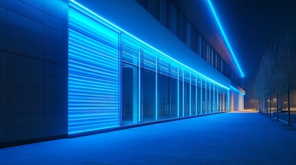 Obraz premium Rows of office windows glowing with blue-hued artificial light, creating a calm and futuristic effect on the building's facade. 