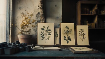 Vintage botanical prints displayed on an antique table.