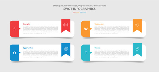 SWOT analysis for infographic with drop shadow style with round rectangle with ribbon badge accessories with 4 point list information