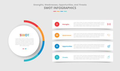 SWOT analysis for infographic with drop shadow style with main circle and long rectangle box stacked layer with 4 point list information