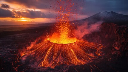 Dramatic volcanic eruption at sunset over a mountain range.