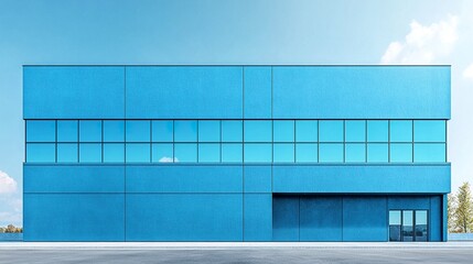 Sleek blue factory office facade with modern windows, wide shot emphasizing symmetry against a clear sky for ample text space.  