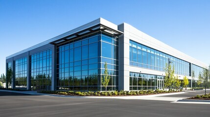 Obraz premium Sleek corporate building with reflective windows, smooth geometric edges, crisp daylight accentuating its modern and professional style. 