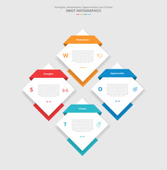 SWOT analysis for infographic with drop shadow style with diamond in big structure component with 4 point list information
