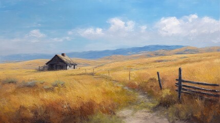 Rustic Oil Painting of a Weathered Cabin Surrounded by Golden Fields and Blue Sky Horizon