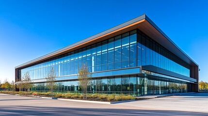 Obraz premium Sleek corporate office building with sharp modern lines, reflective glass facade against a clear blue sky, showcasing contemporary architecture. 