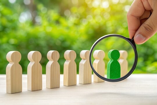Focus on the Chosen: A hand holding magnifying glass, focusing on a distinct, green figurine among a row of wooden figures, signifying the selection process, a concept of focusing the vision