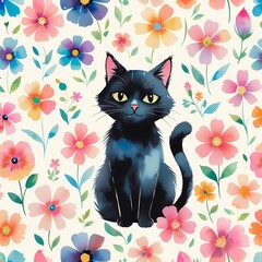 Seamless pattern of cute black cat with colorful flowers generative ai