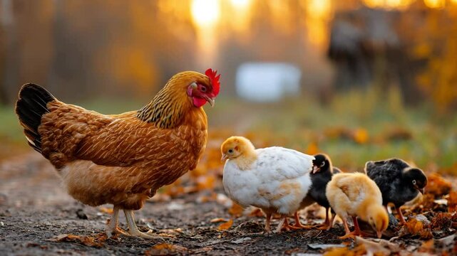 Brown mother hen watches over multicolored chicks on a rural dirt road with fallen leaves and warm golden sunlight. Concept of farm life and maternal care