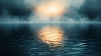 Obraz premium Misty lake sunrise scene reflecting golden light.