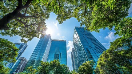 Sleek glass office building framed by trees and green lawns, showcasing eco-friendly architecture in harmony with the environment. 