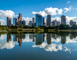 Fototapeta premium Stunning reflection of Houston skyline on calm water under a bright blue sky with fluffy clouds.
