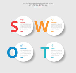 SWOT analysis for infographic with drop shadow style with big circle with big number on left with 4 point list information
