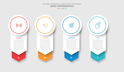 SWOT analysis for infographic with drop shadow style with big circle header and arrow stacked bottom direction with 4 point list information