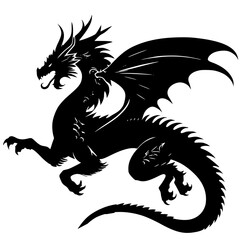 Majestic Black Dragon Silhouette, striking image features a detailed black silhouette of a dragon in a dynamic pose. The dragon is depicted with sharp claws, a long tail, and large, intricately design