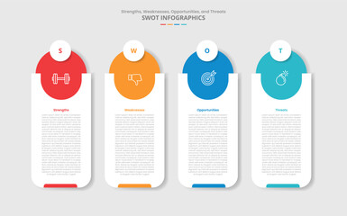 SWOT analysis for infographic with drop shadow style with vertical round rectangle box with big top circle with 4 point list information vector