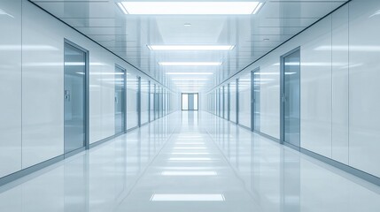 Fototapeta premium Sleek office interior, long corridor with reflective walls and floor, glass door at the end, bright and minimalistic lighting enhances clarity. 