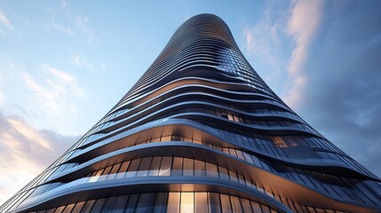 Sleek skyscraper with curved glass windows, dynamic low-angle view, futuristic architectural elements highlighted by bright daylight.  