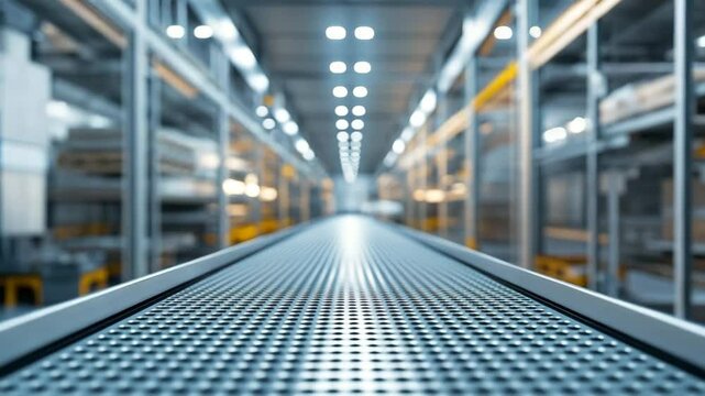 Automated conveyor system in clean high-tech warehouse with rows of metal shelving and glowing overhead lights in linear perspective. Concept of logistics, distribution and smart storage