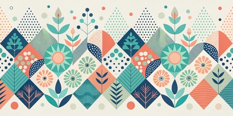 Obraz premium Abstract Floral Geometric Pattern Design Featuring Sunburst Flowers, Elegant Leaves, and Modern Shapes in a Vibrant Teal, Coral, and Cream Color Palette